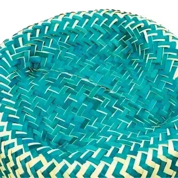 Handwoven Green Blue Basket w/Lid Made of Palm Fibers in Mexico “Tiger in Green” - Picture 5 of 5